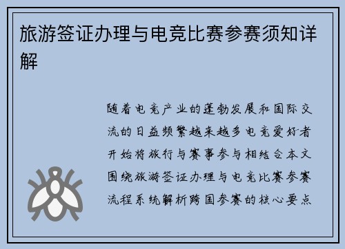 旅游签证办理与电竞比赛参赛须知详解